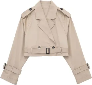 Women's Cropped Trench Coat Breasted Fall Fashion 2023 Classic Lapel Slim Overcoat With Belt Oversized Outerwear Tops