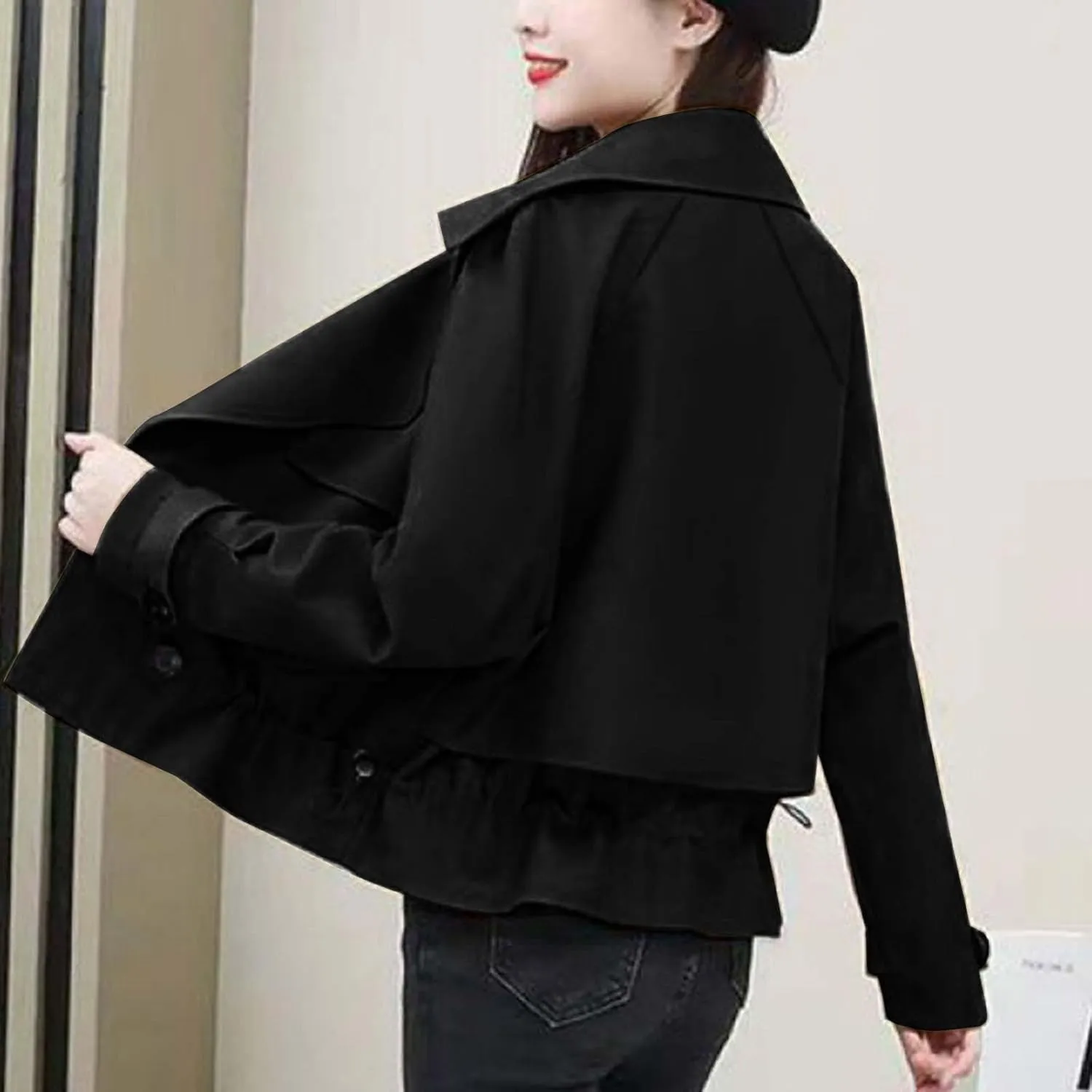 Women's Cropped Trench Coat Casual Notch Lapel Double Breasted Pea Coats Solid Short Jacket Outerwear with Drawstring