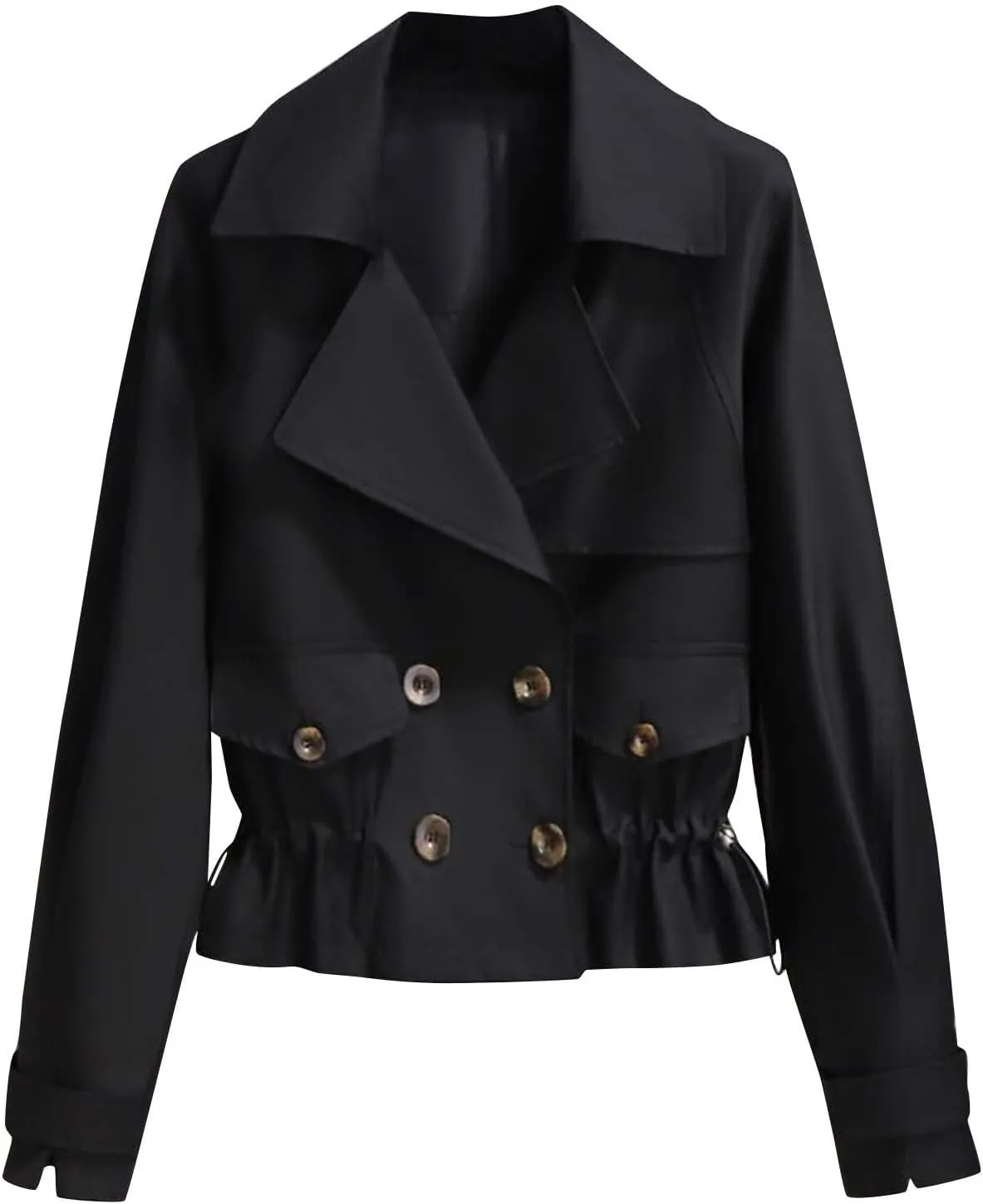 Women's Cropped Trench Coat Casual Notch Lapel Double Breasted Pea Coats Solid Short Jacket Outerwear with Drawstring