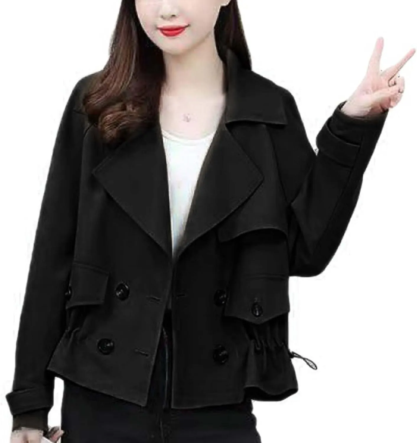 Women's Cropped Trench Coat Casual Notch Lapel Double Breasted Pea Coats Solid Short Jacket Outerwear with Drawstring