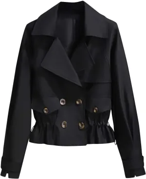 Women's Cropped Trench Coat Casual Notch Lapel Double Breasted Pea Coats Solid Short Jacket Outerwear with Drawstring