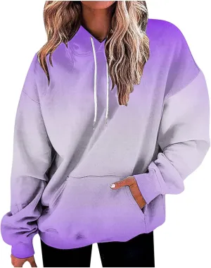 Womens Cute Sweatshirt Gradient Print Long Sleeve Drawstring Hoodies Pullover Oversized Y2K Tops Fashion Clothes with Pocket