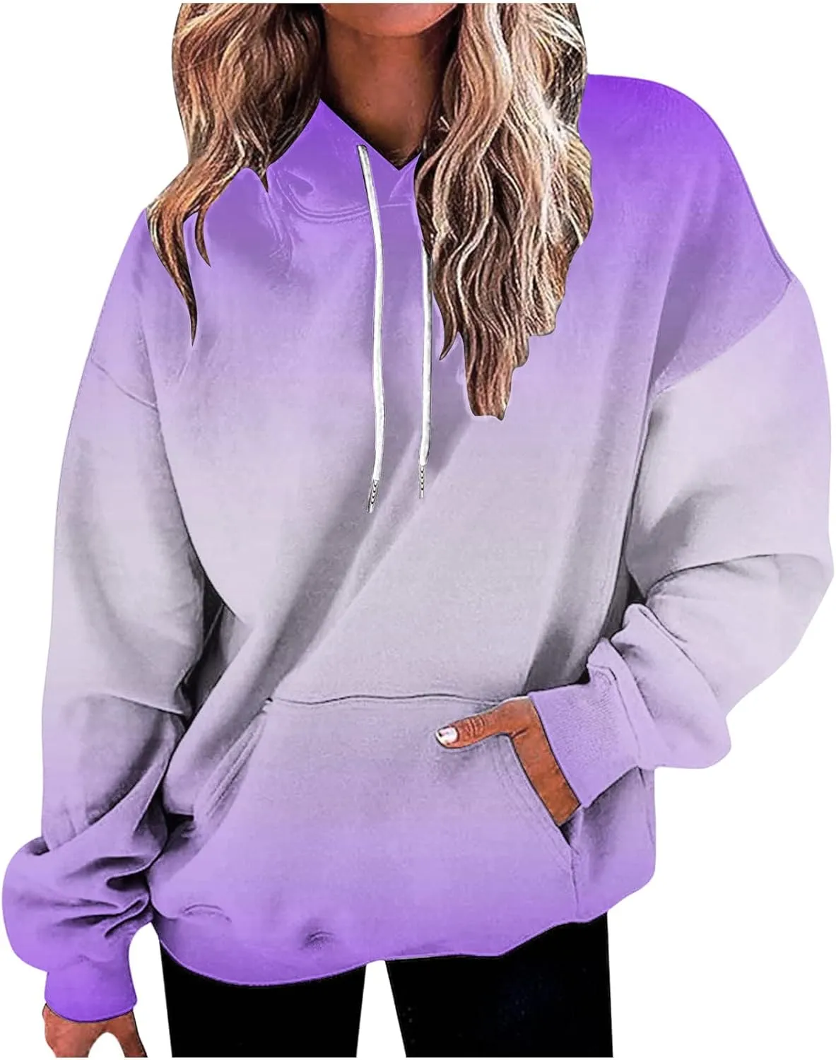 Womens Cute Sweatshirt Gradient Print Long Sleeve Drawstring Hoodies Pullover Oversized Y2K Tops Fashion Clothes with Pocket