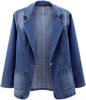 Women's Denim Jacket Dressy Casual Blazer Collar Open Front Jeans Coats Plus Size Button Cowgirl Outwear Fall Outfits