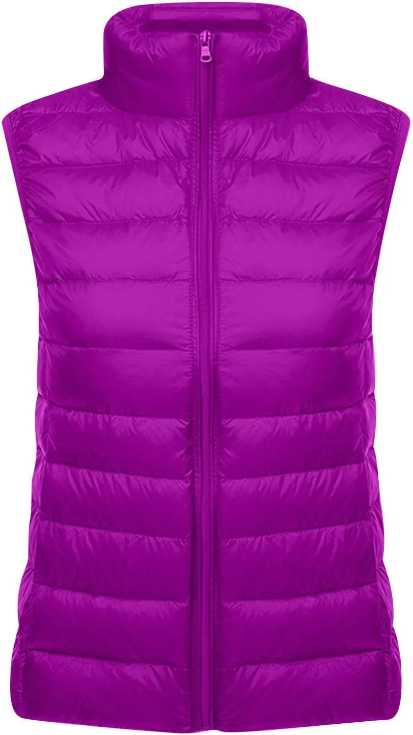 Womens Down Vest Coat Quilted Sleeveless Puffer Jacket Winter Warm Slim Fit Cotton-Padded Waistcoat Solid Color Gilet