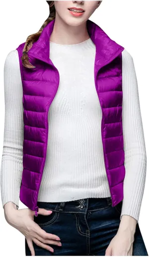 Womens Down Vest Coat Quilted Sleeveless Puffer Jacket Winter Warm Slim Fit Cotton-Padded Waistcoat Solid Color Gilet