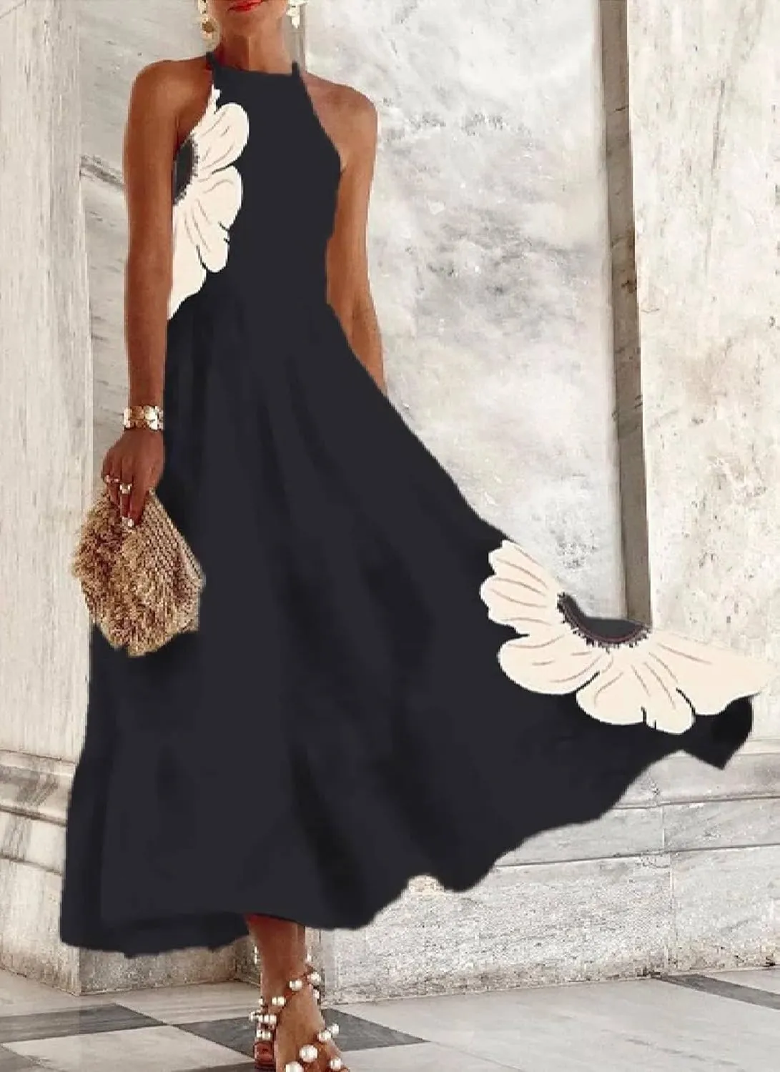 Women's Dresses Floral Print Sleeveless Halter Neck Maxi Dress 2025 Summer A Line Elegant Flowy Long Party Dress
