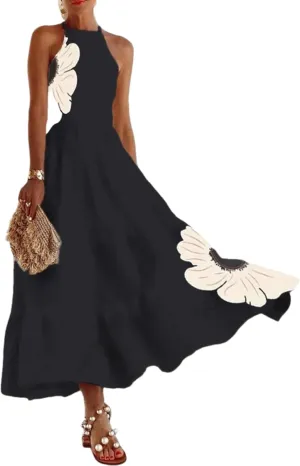 Women's Dresses Floral Print Sleeveless Halter Neck Maxi Dress 2025 Summer A Line Elegant Flowy Long Party Dress