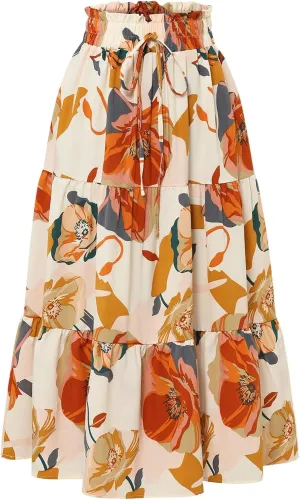 Women's Elastic High Waist Floral Print Tie Knot Pleated Flared Boho A-Line Midi Skirts, S-XL