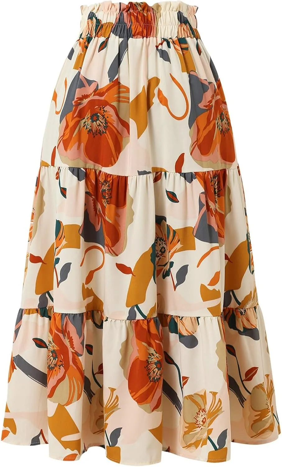 Women's Elastic High Waist Floral Print Tie Knot Pleated Flared Boho A-Line Midi Skirts, S-XL