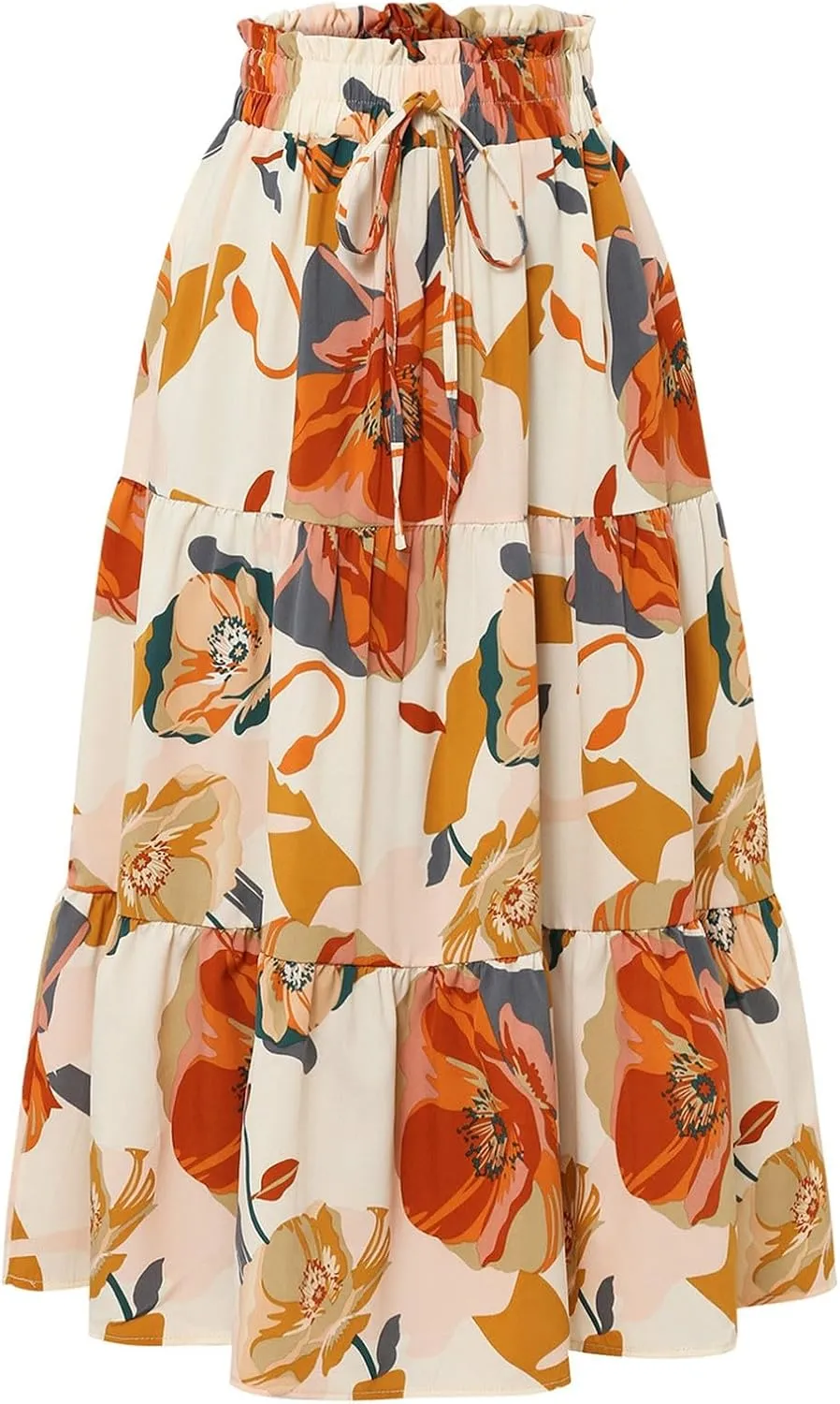 Women's Elastic High Waist Floral Print Tie Knot Pleated Flared Boho A-Line Midi Skirts, S-XL