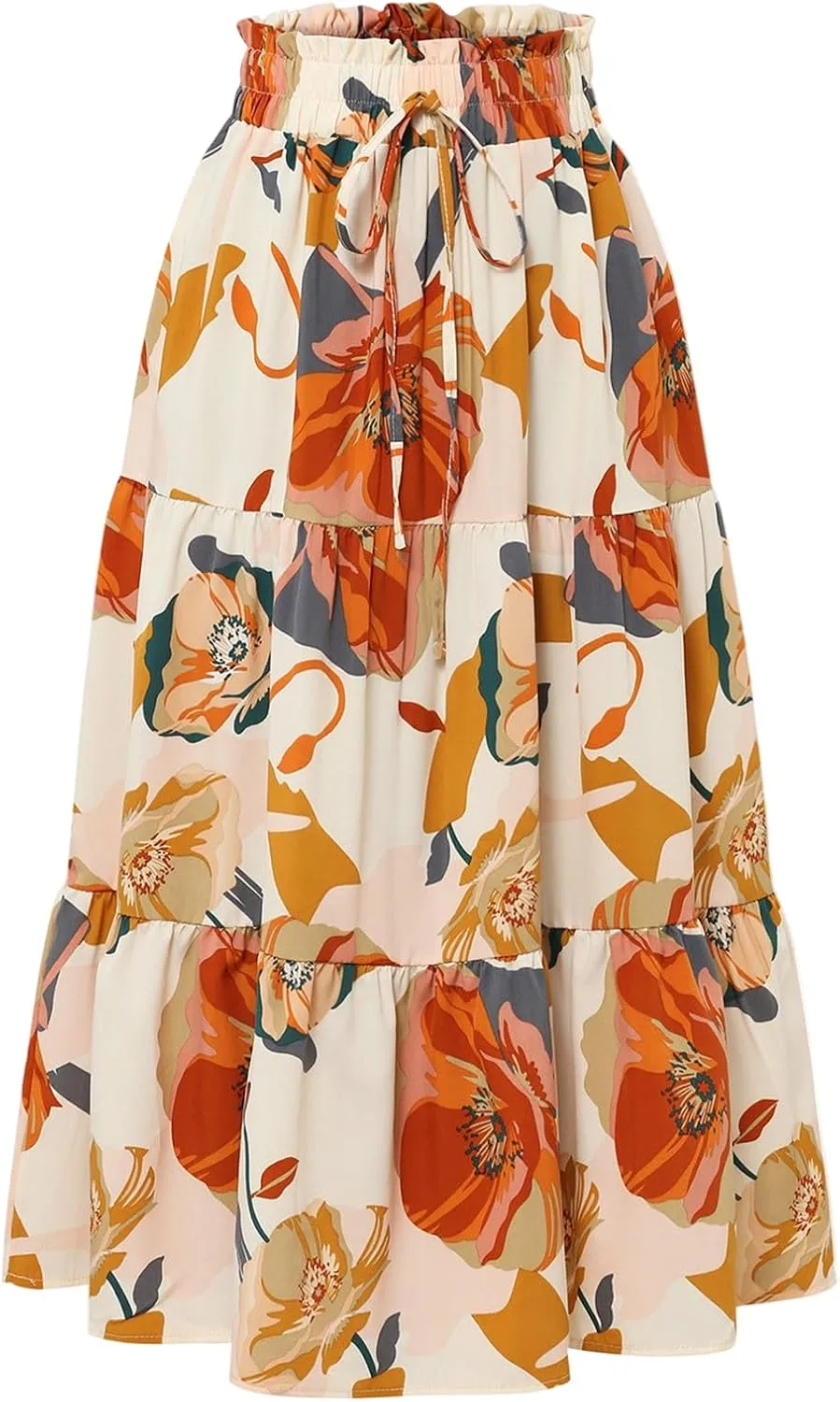Women's Elastic High Waist Floral Print Tie Knot Pleated Flared Boho A-Line Midi Skirts, S-XL