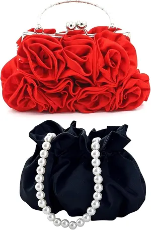 Women's Evening Clutch Floral Satin Pouch and Small Pocket Purse Mini Bucket Bag With Detachable Strap and Faux Pearl Strand