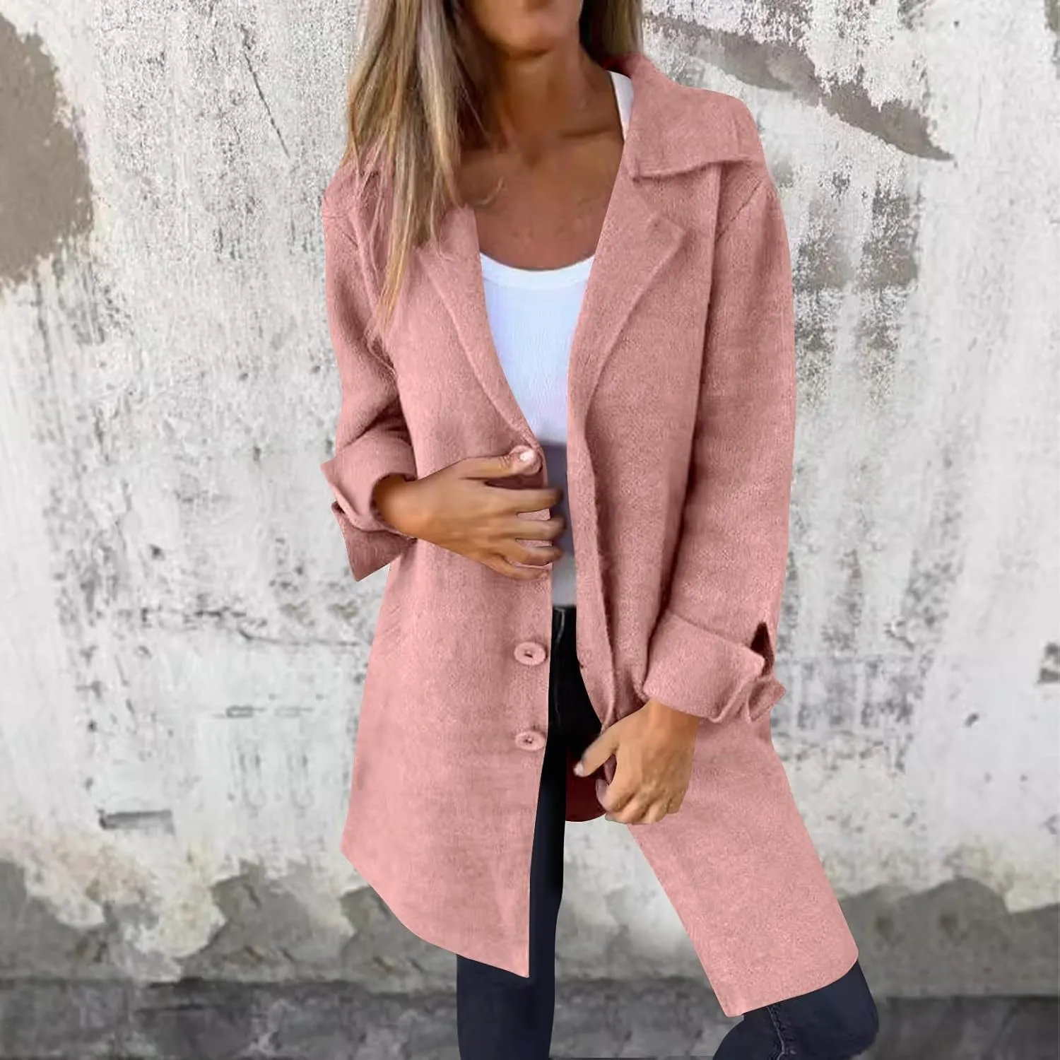 Womens Fall Winter Wool Blend Overcoat Trendy Single Breasted Mid-Long Trench Coat Oversized Lapel Pocketed Peacoat