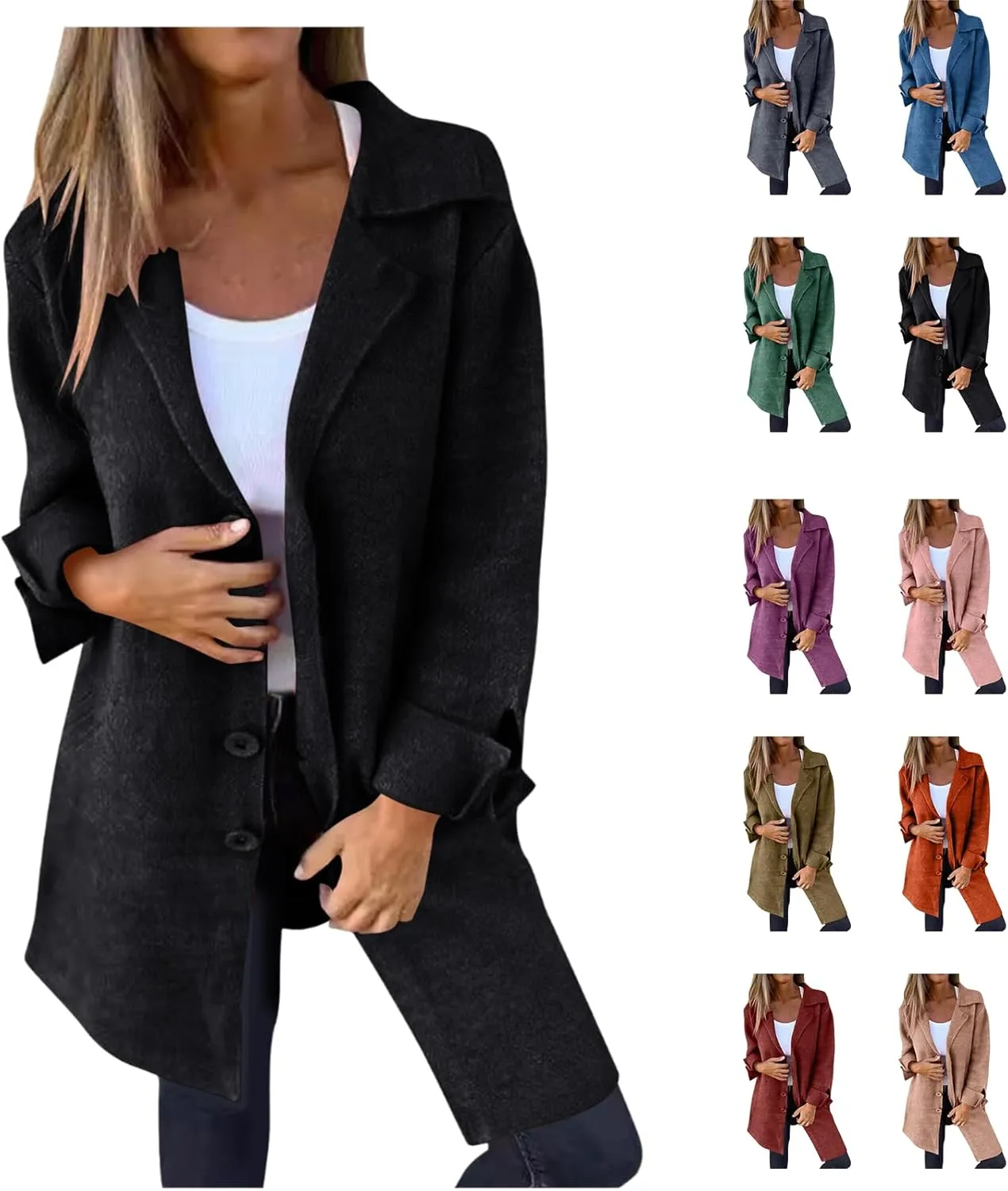 Womens Fall Winter Wool Blend Overcoat Trendy Single Breasted Mid-Long Trench Coat Oversized Lapel Pocketed Peacoat