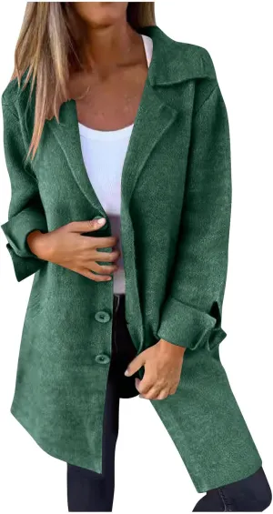 Womens Fall Winter Wool Blend Overcoat Trendy Single Breasted Mid-Long Trench Coat Oversized Lapel Pocketed Peacoat