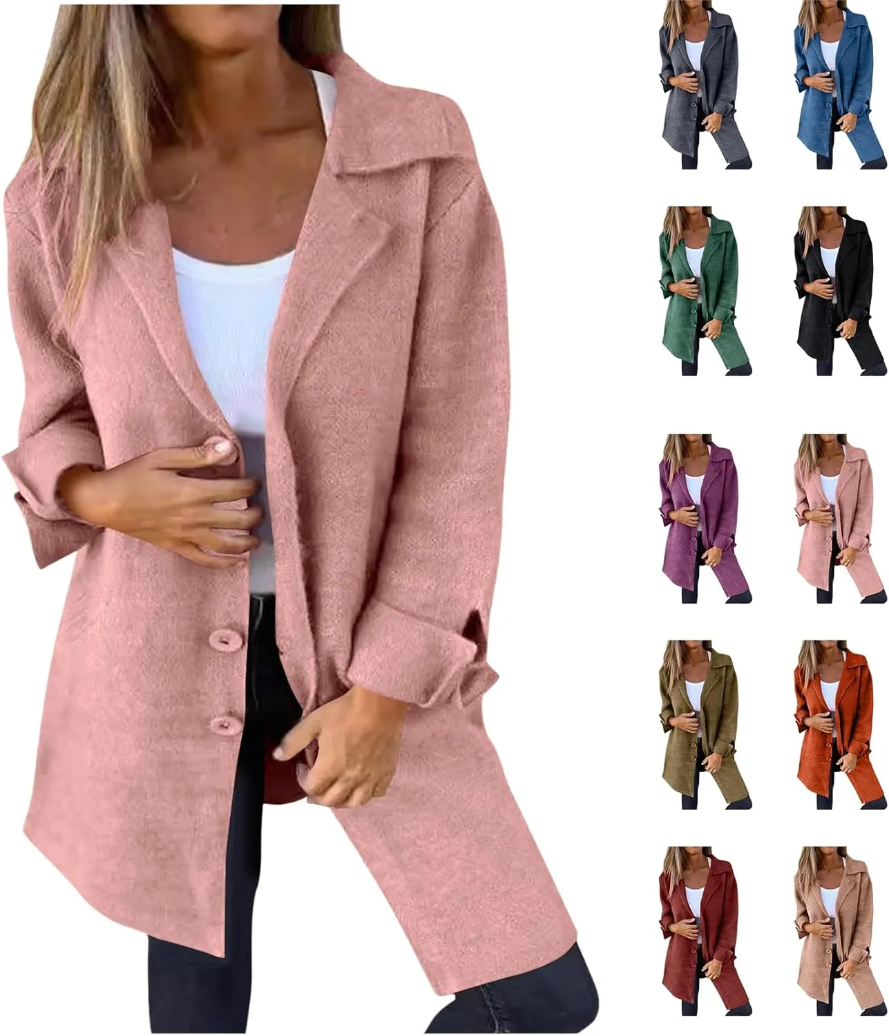 Womens Fall Winter Wool Blend Overcoat Trendy Single Breasted Mid-Long Trench Coat Oversized Lapel Pocketed Peacoat