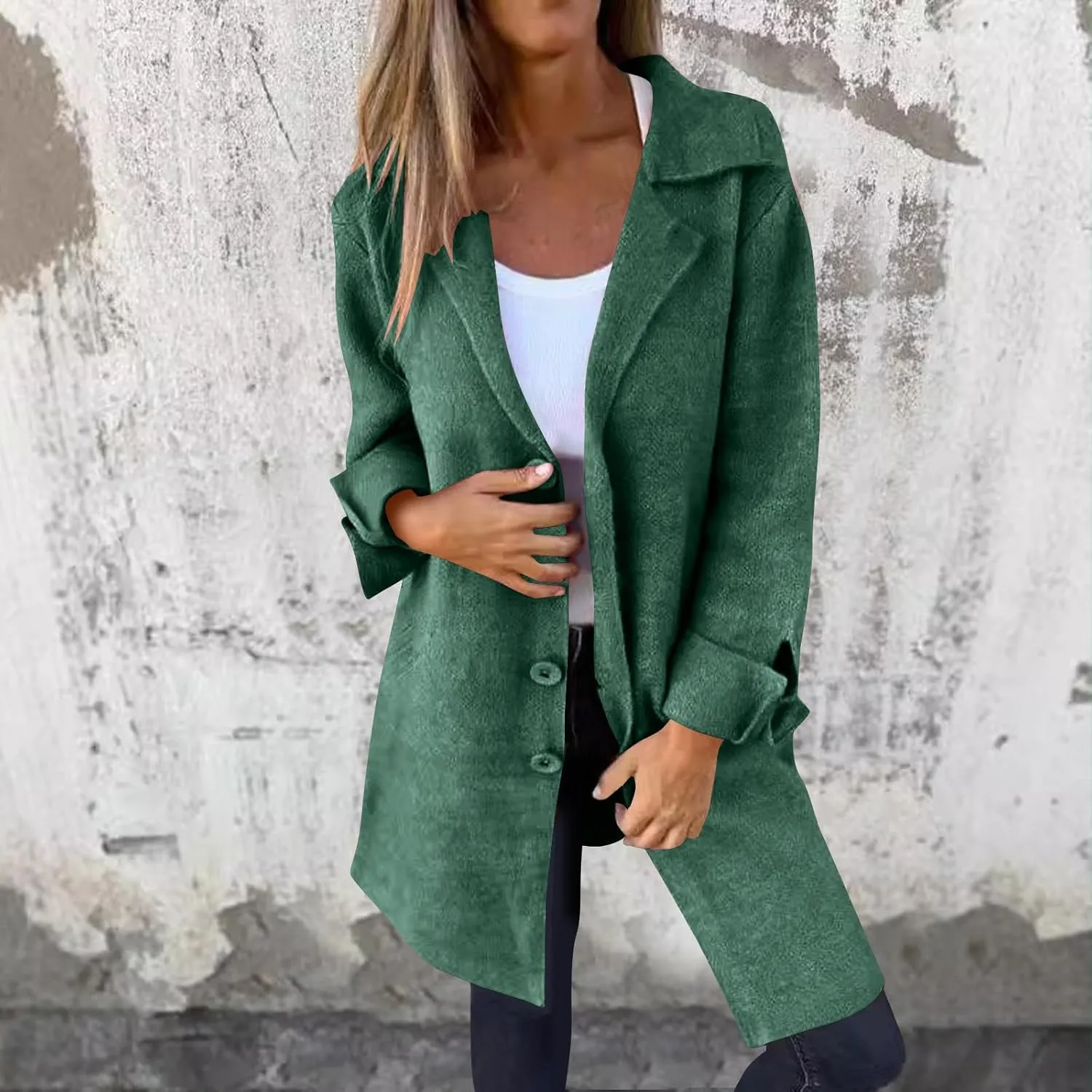 Womens Fall Winter Wool Blend Overcoat Trendy Single Breasted Mid-Long Trench Coat Oversized Lapel Pocketed Peacoat