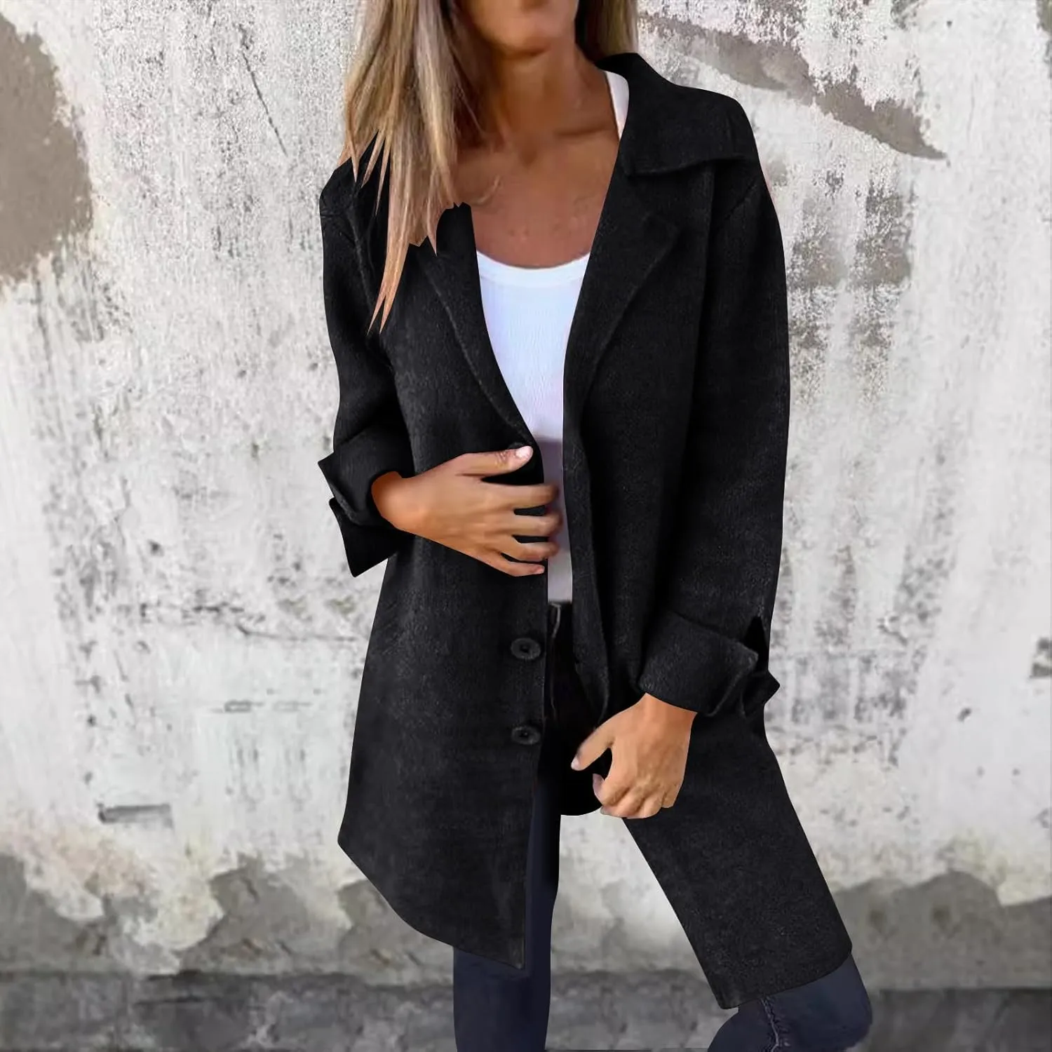 Womens Fall Winter Wool Blend Overcoat Trendy Single Breasted Mid-Long Trench Coat Oversized Lapel Pocketed Peacoat