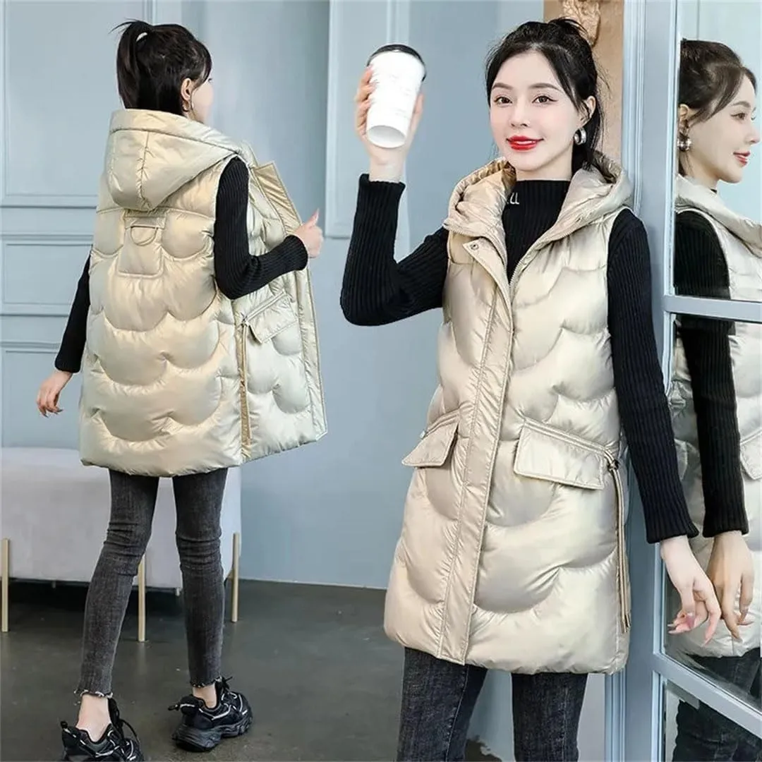 Womens Fashion Glossy Down Cotton Vests Winter Hooded Waistcoat Long Cotton-Padded Coat Vest Sleeveless Outwear