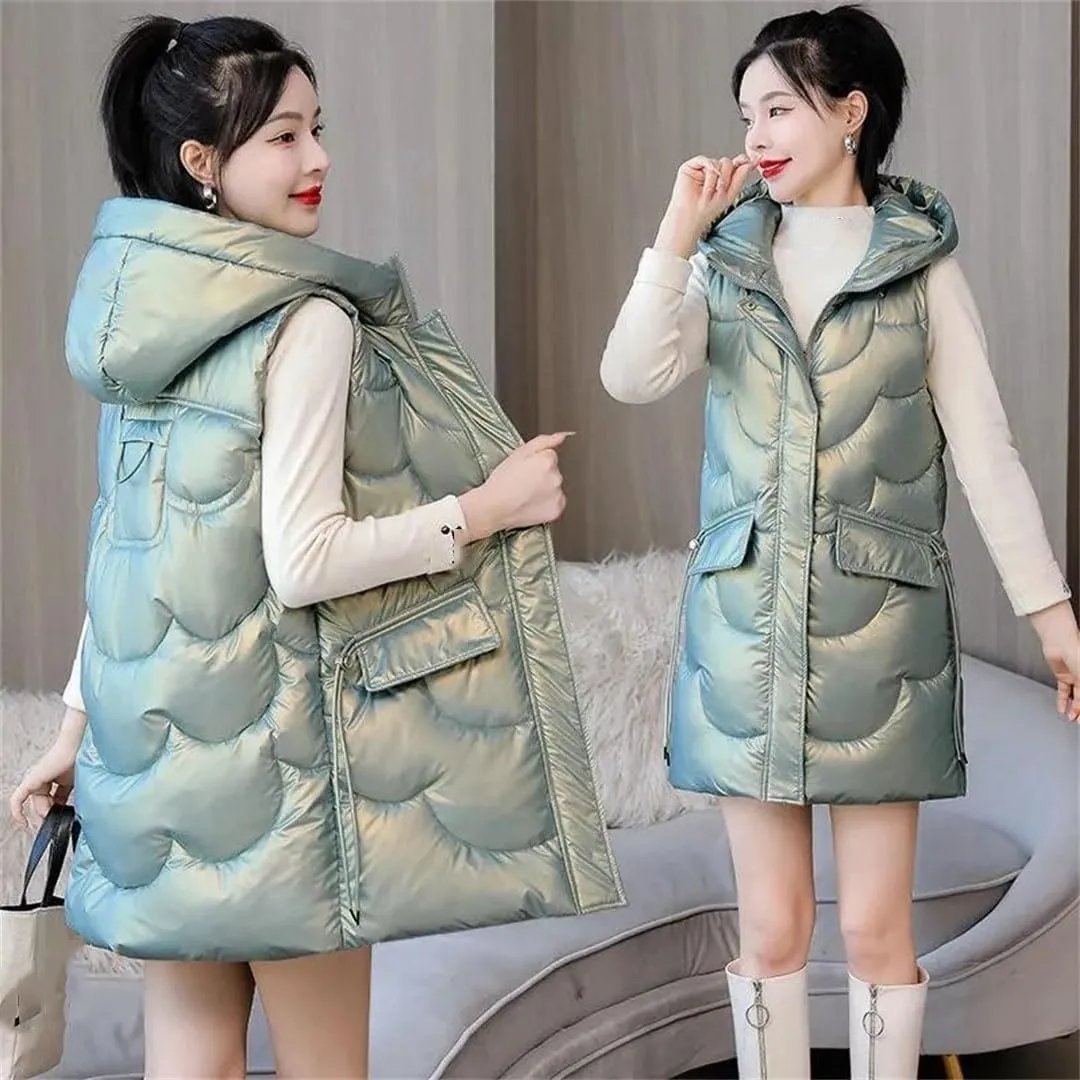 Womens Fashion Glossy Down Cotton Vests Winter Hooded Waistcoat Long Cotton-Padded Coat Vest Sleeveless Outwear