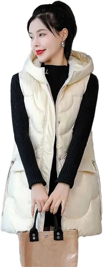 Womens Fashion Glossy Down Cotton Vests Winter Hooded Waistcoat Long Cotton-Padded Coat Vest Sleeveless Outwear