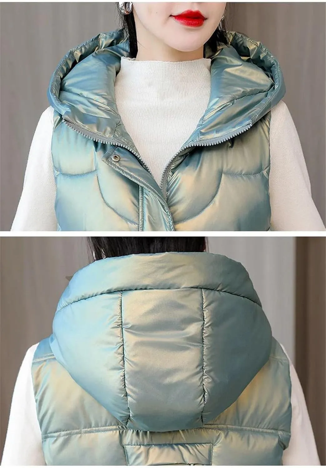 Womens Fashion Glossy Down Cotton Vests Winter Hooded Waistcoat Long Cotton-Padded Coat Vest Sleeveless Outwear