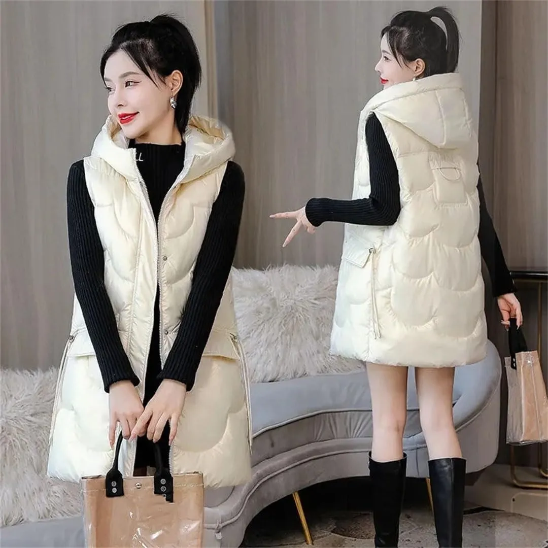 Womens Fashion Glossy Down Cotton Vests Winter Hooded Waistcoat Long Cotton-Padded Coat Vest Sleeveless Outwear