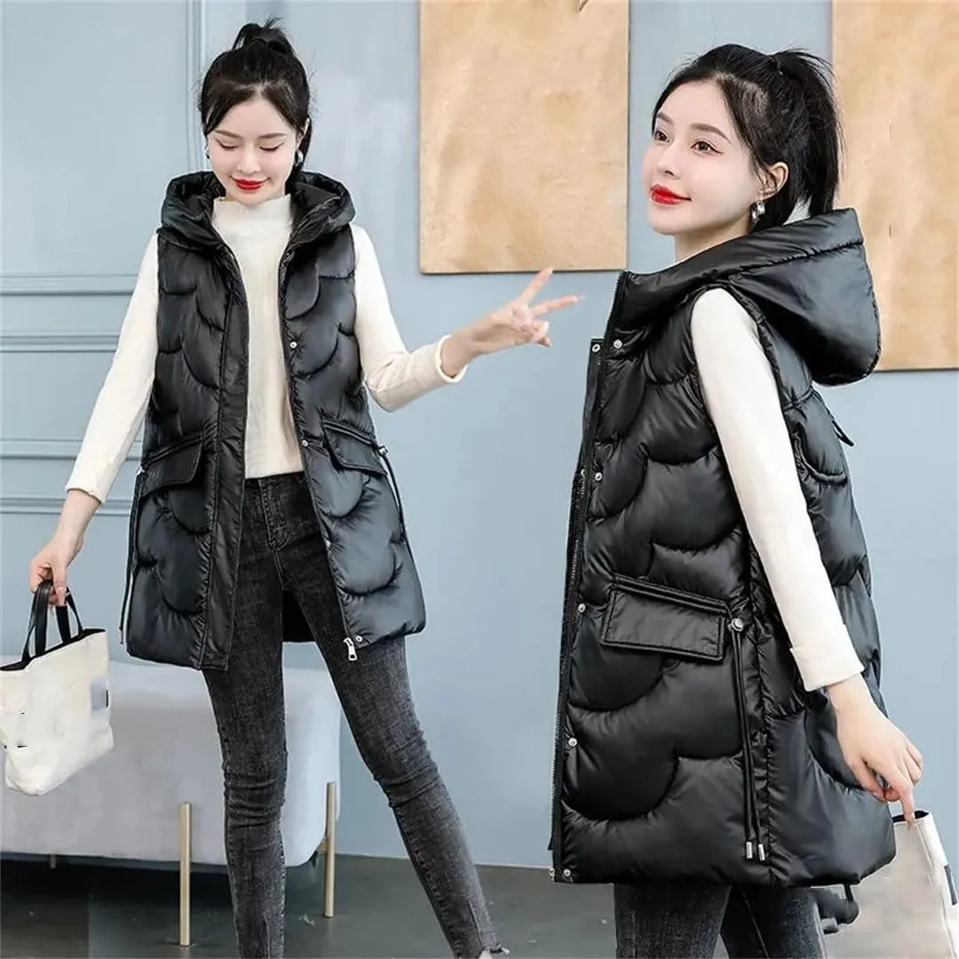 Womens Fashion Glossy Down Cotton Vests Winter Hooded Waistcoat Long Cotton-Padded Coat Vest Sleeveless Outwear