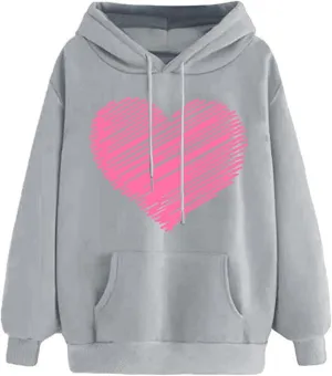 Womens Fashion Graphic Hoodies Long Sleeve Heart Print Drawstring Pocket Loose Fitted Casual Sweatshirt Pullover Tops