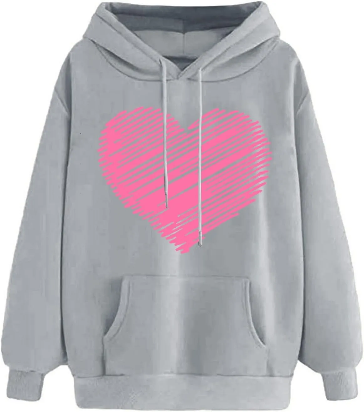 Womens Fashion Graphic Hoodies Long Sleeve Heart Print Drawstring Pocket Loose Fitted Casual Sweatshirt Pullover Tops
