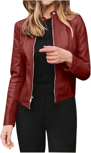 Women's Faux Leather Jackets Zip Up Short Motorcycle Outwear Slim Fitted PU Leather Coat Leather Moto Biker Jacket