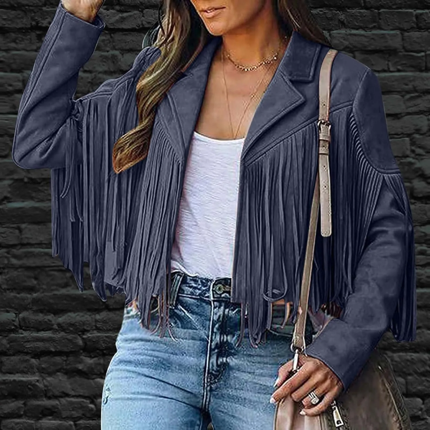 Women's Faux Suede Leather Fringe Jacket Cowgirl Crop Moto Biker Jackets Open Front Tassel Coat Tops 2024 Trendy