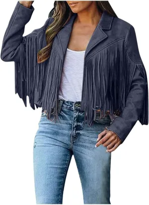 Women's Faux Suede Leather Fringe Jacket Cowgirl Crop Moto Biker Jackets Open Front Tassel Coat Tops 2024 Trendy