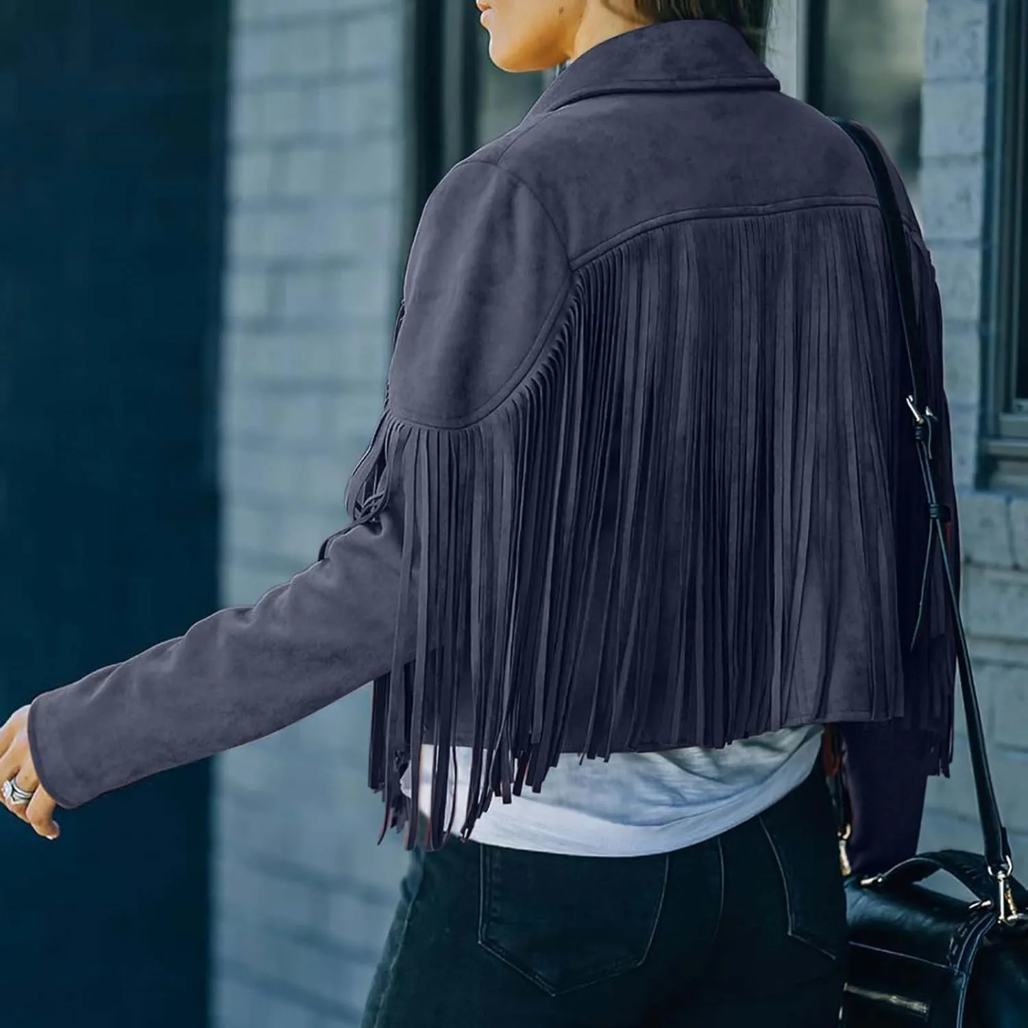 Women's Faux Suede Leather Fringe Jacket Cowgirl Crop Moto Biker Jackets Open Front Tassel Coat Tops 2024 Trendy