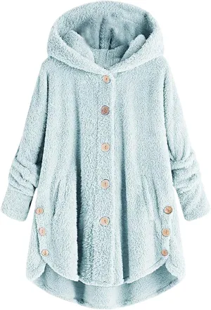 Womens Fleece Jacket with Hood Plus Size Winter Coat 2024 Button Down Faux Fur Sherpa Jacket Warm Outwear with Pocket