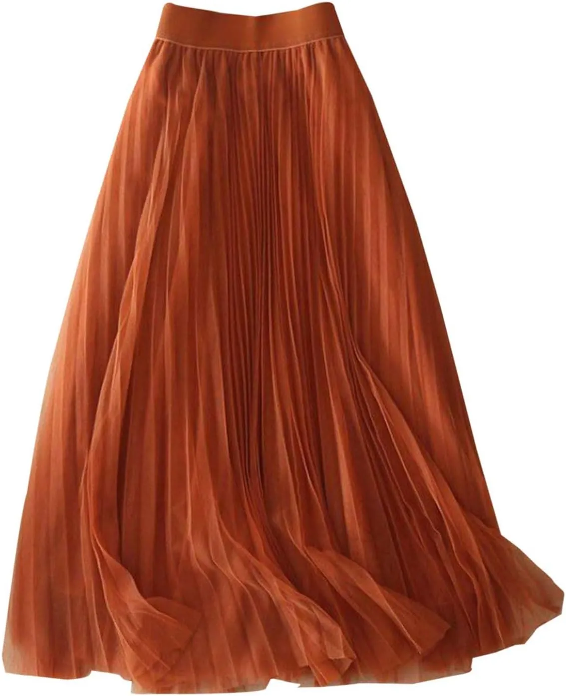 Womens Flowy Layered Tulle Midi Pleated Skirt Elastic Waist Swing Long Skirt Fashion Casual Dresses