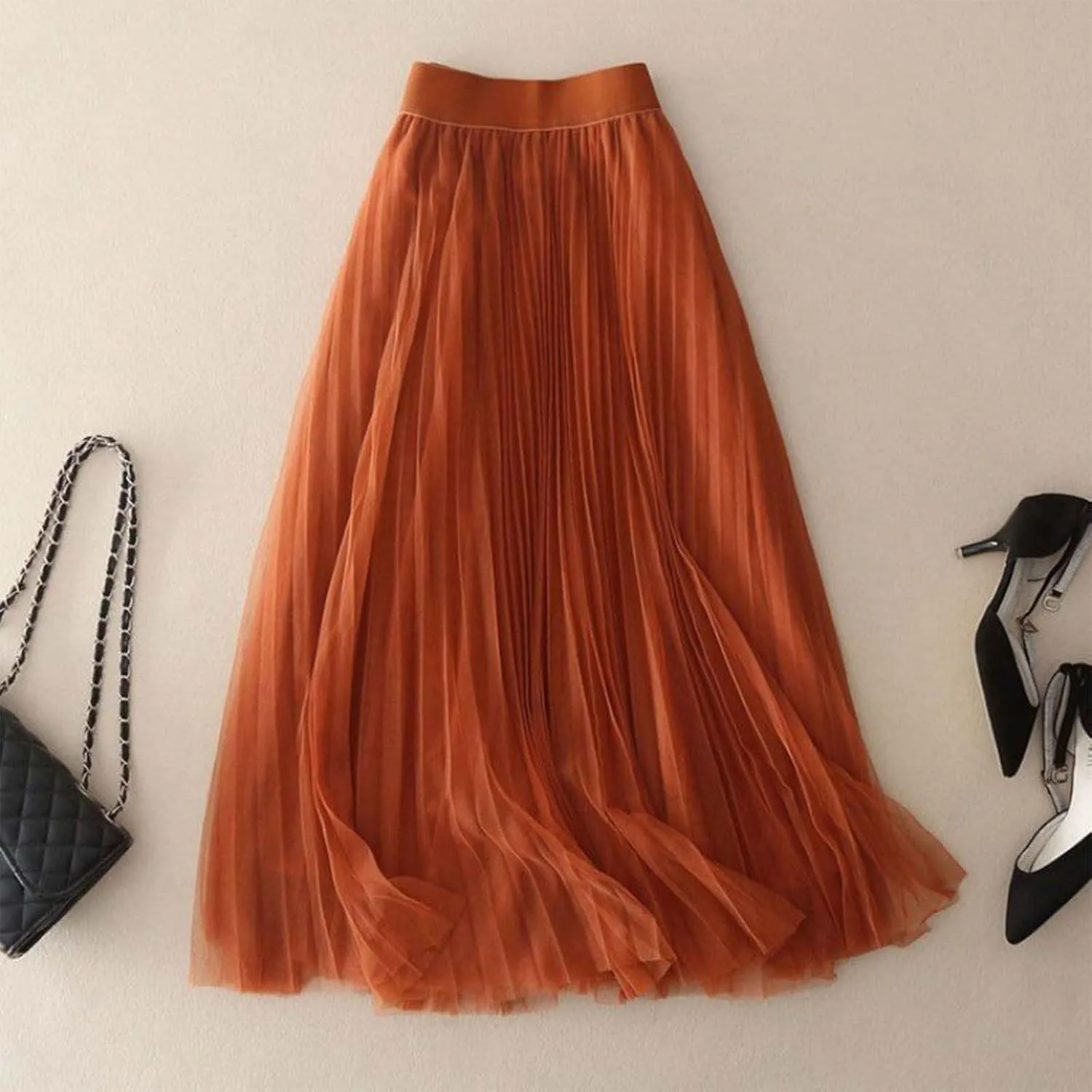 Womens Flowy Layered Tulle Midi Pleated Skirt Elastic Waist Swing Long Skirt Fashion Casual Dresses