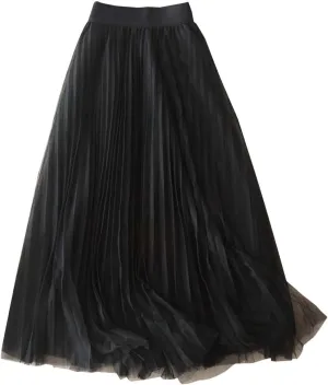 Womens Flowy Layered Tulle Midi Pleated Skirt Elastic Waist Swing Long Skirt Fashion Casual Dresses