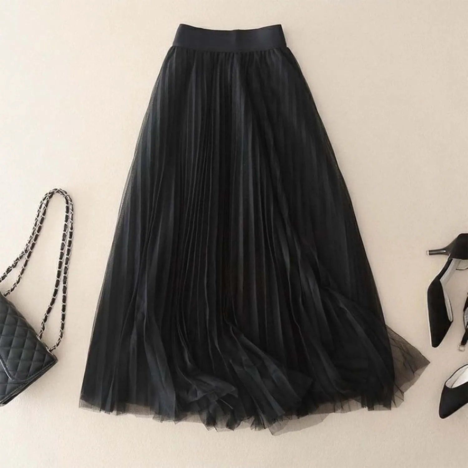 Womens Flowy Layered Tulle Midi Pleated Skirt Elastic Waist Swing Long Skirt Fashion Casual Dresses