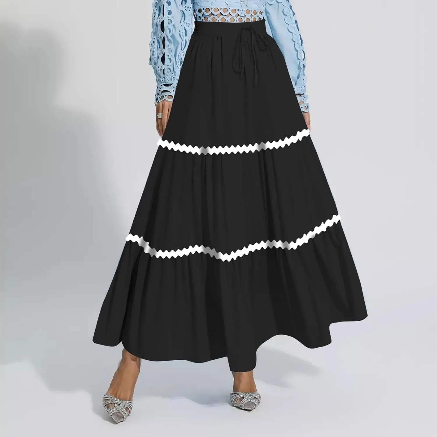 Women's Flowy Maxi Skirt A-Line Tiered Casual Party Ruffle Swing Pleated High Waisted Skirt with Pockets