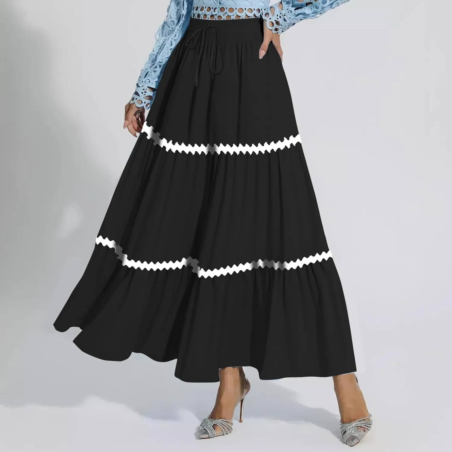 Women's Flowy Maxi Skirt A-Line Tiered Casual Party Ruffle Swing Pleated High Waisted Skirt with Pockets