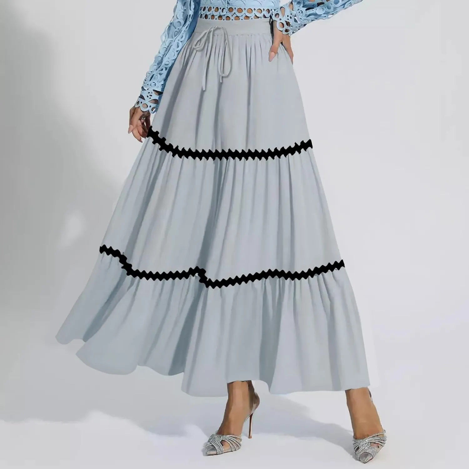 Women's Flowy Maxi Skirt A-Line Tiered Casual Party Ruffle Swing Pleated High Waisted Skirt with Pockets