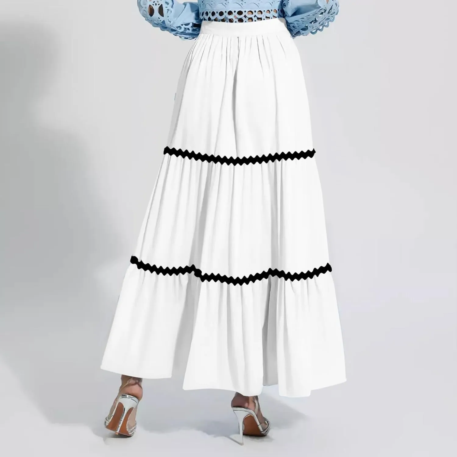 Women's Flowy Maxi Skirt A-Line Tiered Casual Party Ruffle Swing Pleated High Waisted Skirt with Pockets