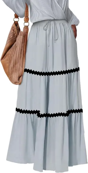 Women's Flowy Maxi Skirt A-Line Tiered Casual Party Ruffle Swing Pleated High Waisted Skirt with Pockets