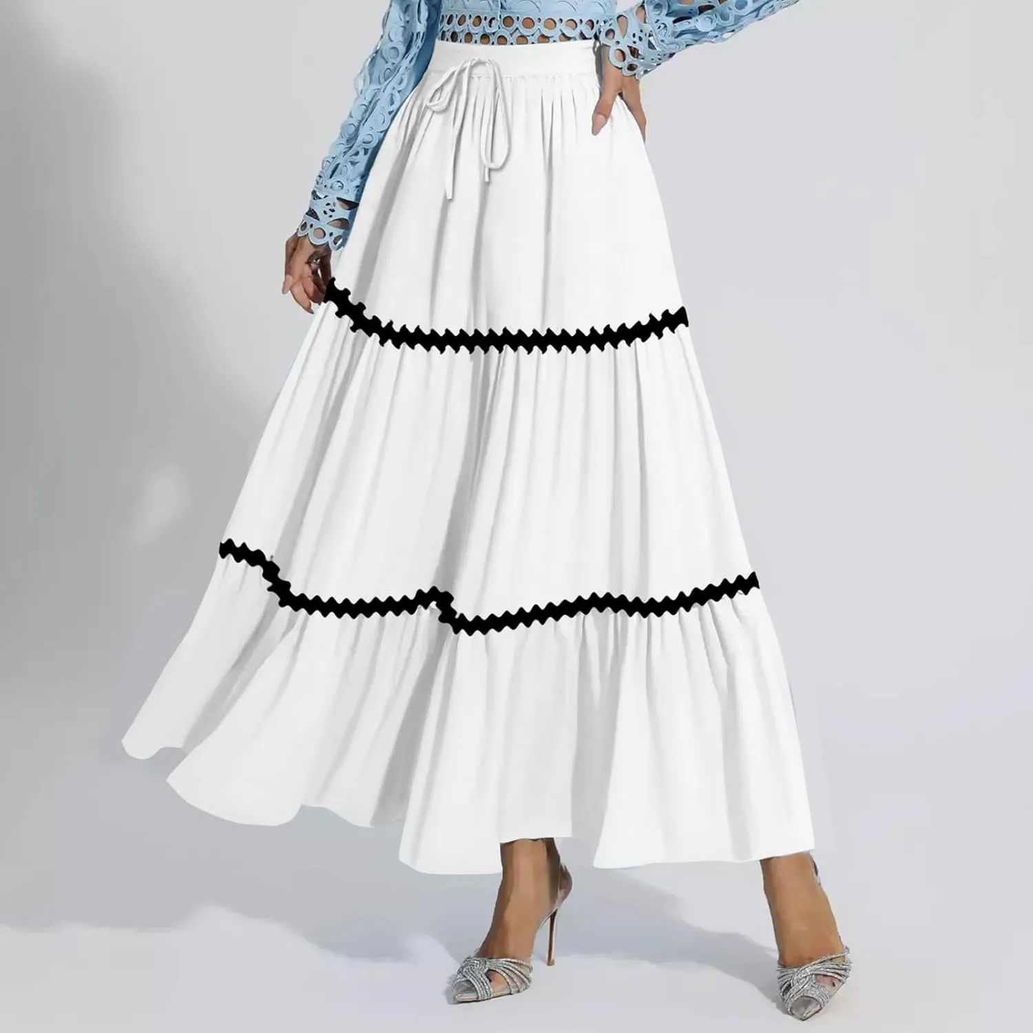Women's Flowy Maxi Skirt A-Line Tiered Casual Party Ruffle Swing Pleated High Waisted Skirt with Pockets