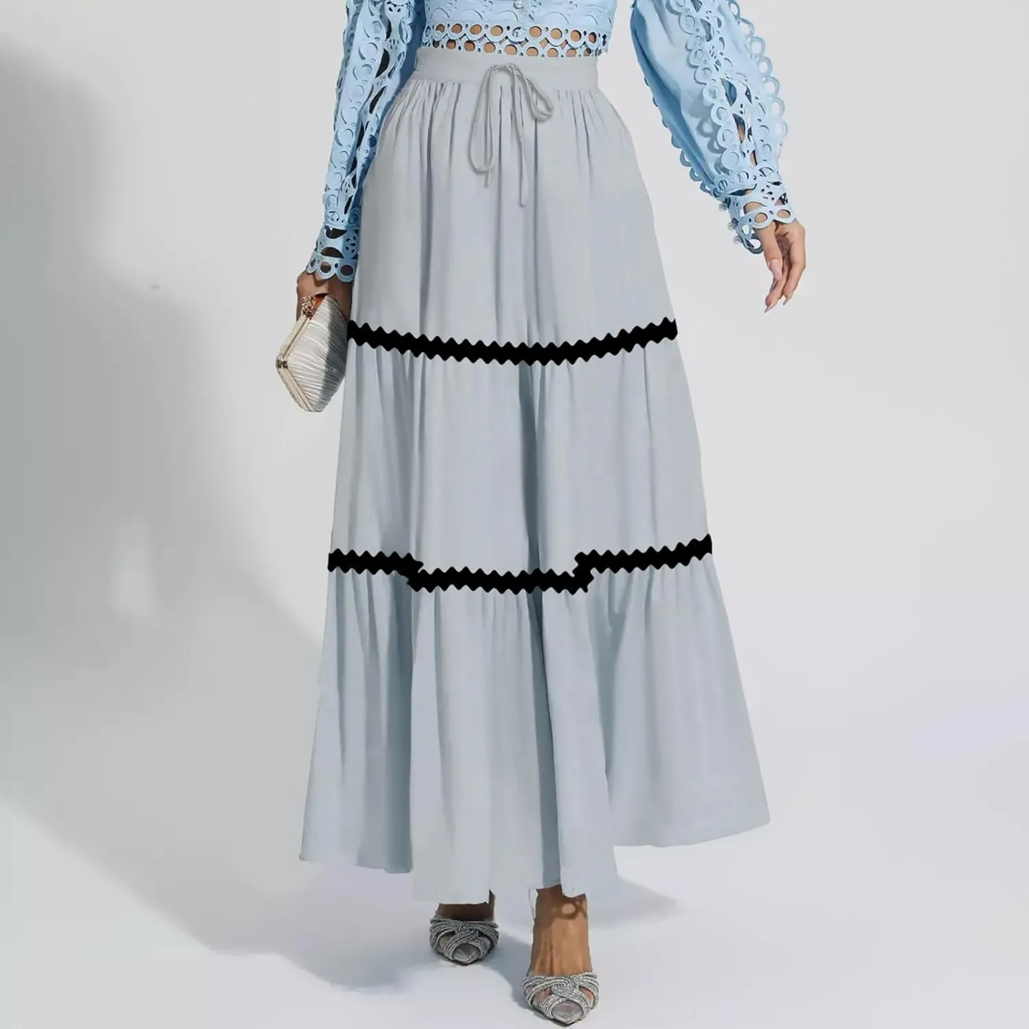 Women's Flowy Maxi Skirt A-Line Tiered Casual Party Ruffle Swing Pleated High Waisted Skirt with Pockets