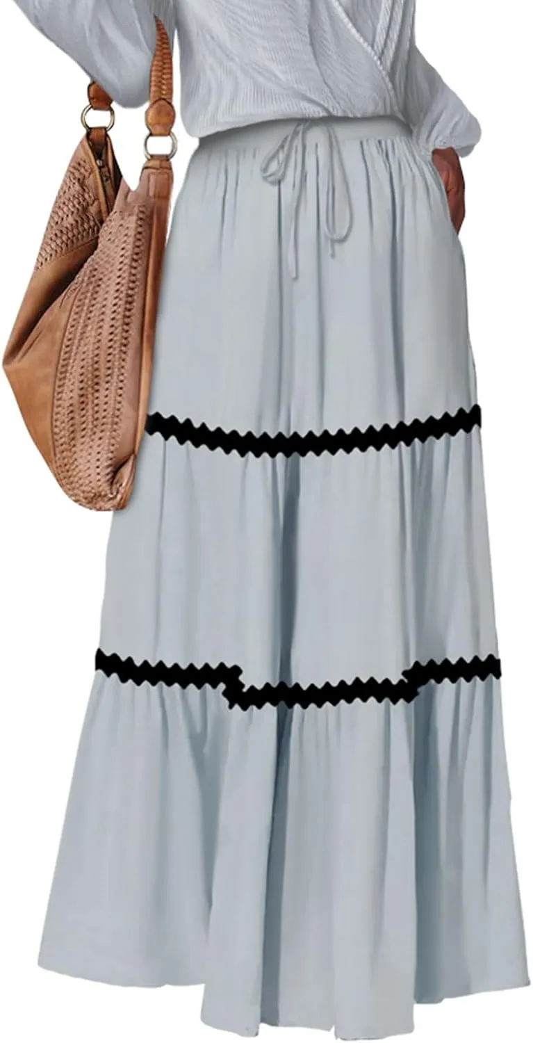 Women's Flowy Maxi Skirt A-Line Tiered Casual Party Ruffle Swing Pleated High Waisted Skirt with Pockets