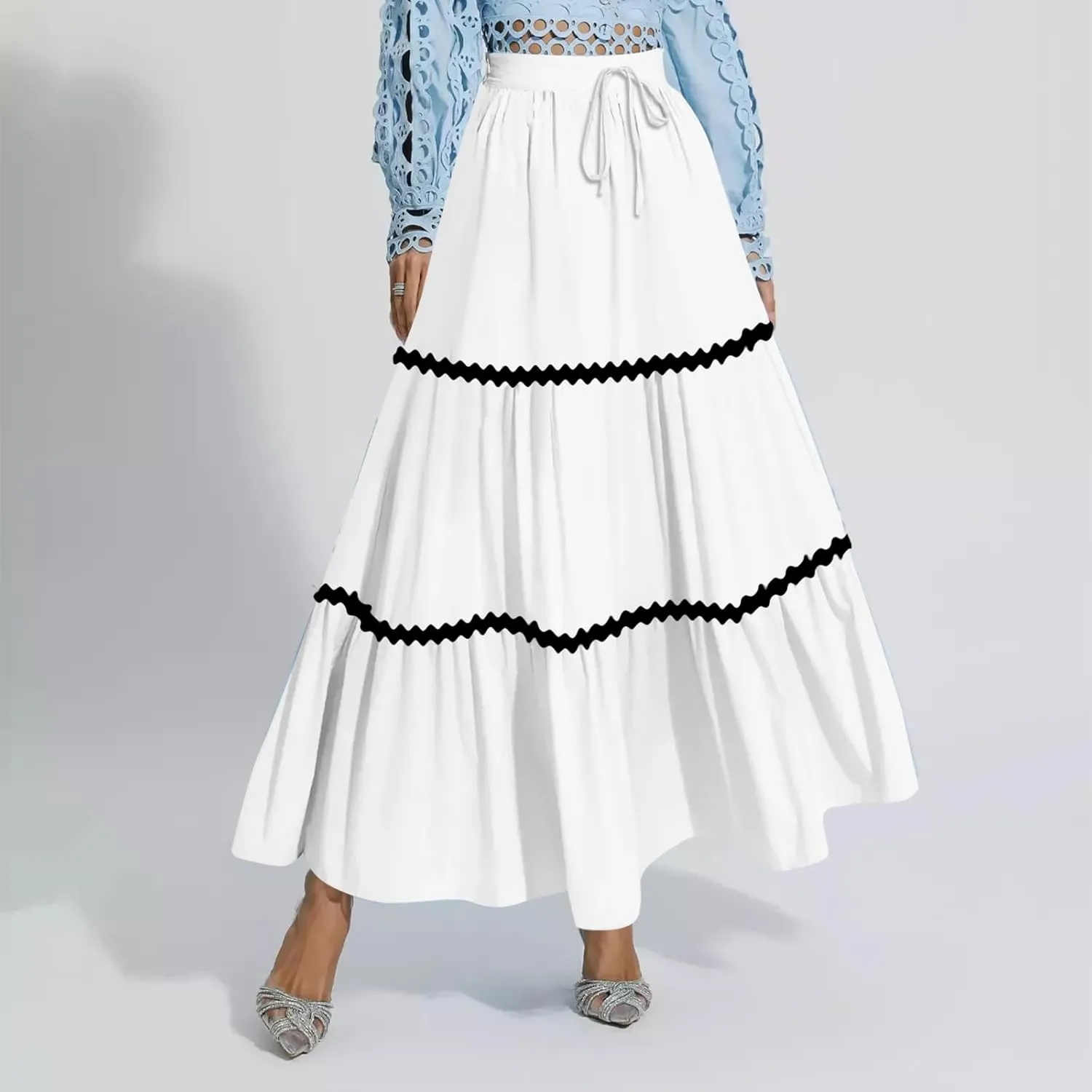 Women's Flowy Maxi Skirt A-Line Tiered Casual Party Ruffle Swing Pleated High Waisted Skirt with Pockets