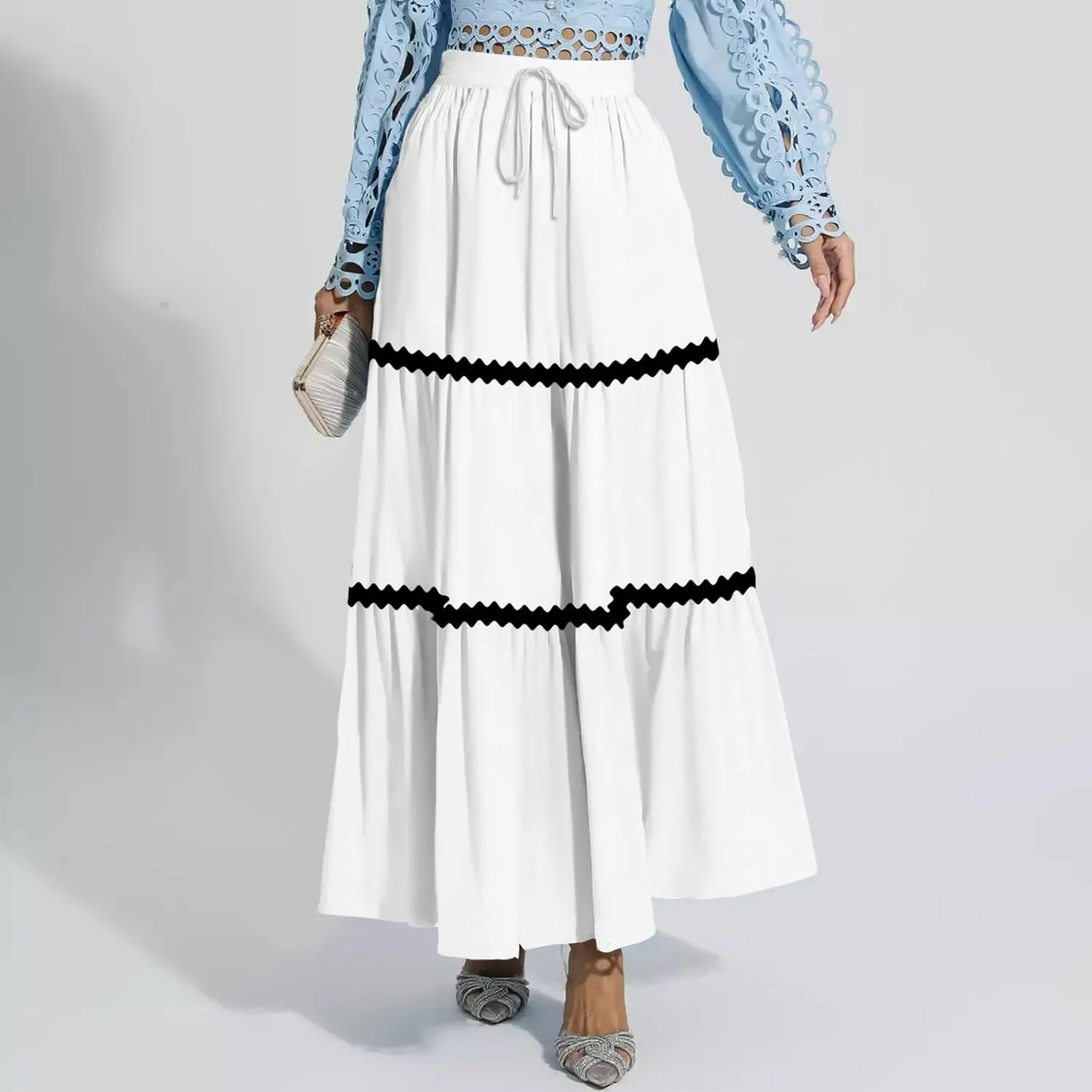 Women's Flowy Maxi Skirt A-Line Tiered Casual Party Ruffle Swing Pleated High Waisted Skirt with Pockets